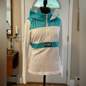 Victoria Secret Turquoise/White Hooded Pullover M Hooded Sweatshirt Wind Breaker
